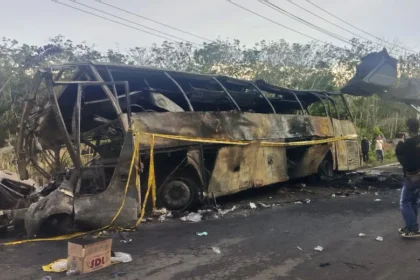 Warga mengamati bangkai bus PO ALS yang terbakar di Jalan Lintas Sumatera, Kecamatan Karang Jaya, kabupaten Musi Rawas Utara (Muratara), Sumatera Selatan. (Sumber: Antara Foto/BPBD Kabupaten Muratara)